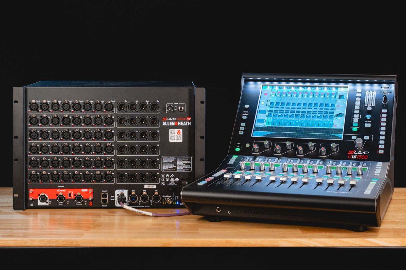 Allen & Heath dLive CTi1500 surface and CDM48 MixRack in their flight cases
